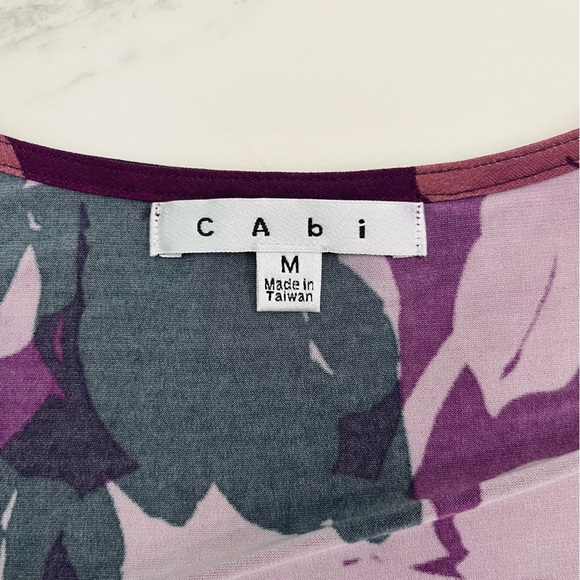 CAbi Women's Medium Black Purple Pink Floral Print Faux Wrap 3/4 Sleeve Dress - Picture 2 of 14